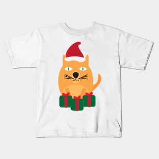 Cute Cartoon Cat with Santa Hat and Green Red Gifts Kids T-Shirt